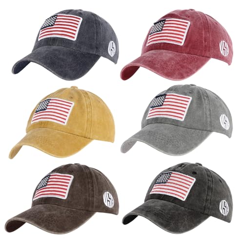 ANLIOTO 6 Pcs American Flag Baseball Caps, Patriotic American Flag Hat Washed US Flag Hats for Men Women Teens Black