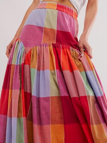 Multicolour Plaid Skirts for Women Colorblock Ruched Flowy Maxi Skirt Casual Elastic Waist Long Gingham Boho Skirt3