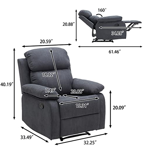 Dreamsir Recliner Chair Breathable Fabric Manual Single Sofa, Soft Living Room Chair Home Theater Lounge Seat, Removable Cushion, 34×34×38 Inch, Grey #TOP1