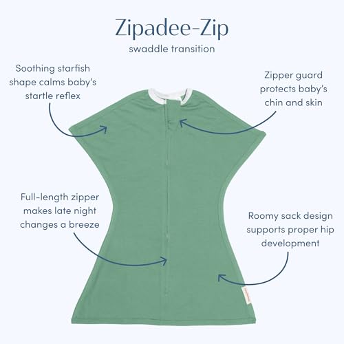 SleepingBaby Zipadee-Zip Transition Swaddle - Cozy Baby Swaddle Blanket with Zipper Convenience - Roomy Wearable Blanket for Easy Diaper Changes - Basil, Small (4-8 Month)