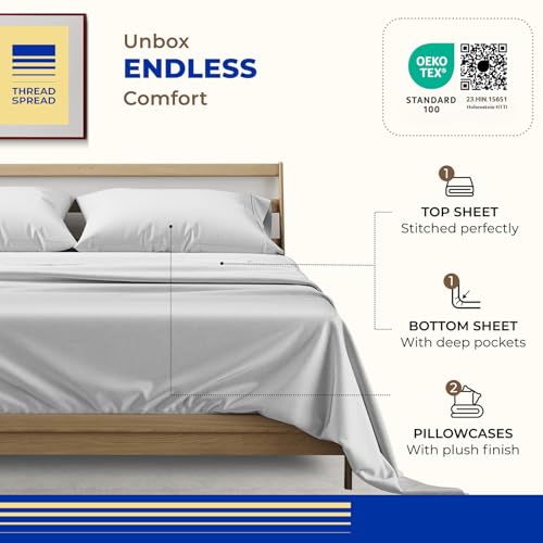 Image of THREAD SPREAD Egyptian Cotton Sheets Queen Size - 1000 Series High Thread Count Cotton Queen Sheet Set (4 PC, Silver), 16 inch Snug Fit Deep Pocket, Cooling, Sateen Weave, Ultra-Soft Hotel Luxury Sheets