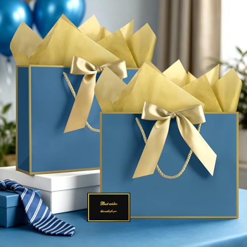 Image of JMANNI Gift Bags with Handles, 13 inch Medium Gift Bag for Presents, 2 Pcs Bags with 4 Tissue Paper and 2 Cards for Baby Shower Wedding Bridal Shower Mother's Day Birthday Party(blue-gold)