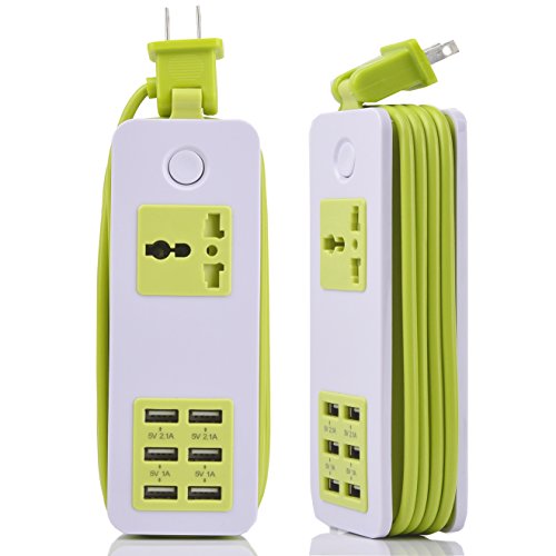 6 USB Power Strip, Portable Travel Socket Charger With Power Switch, Outlets 2.1AMP 1AMP 21W 5Foot Power Supply Cord With Universal Plug, 6 Usb Output Support 4 Devices Simultaneously (Green)