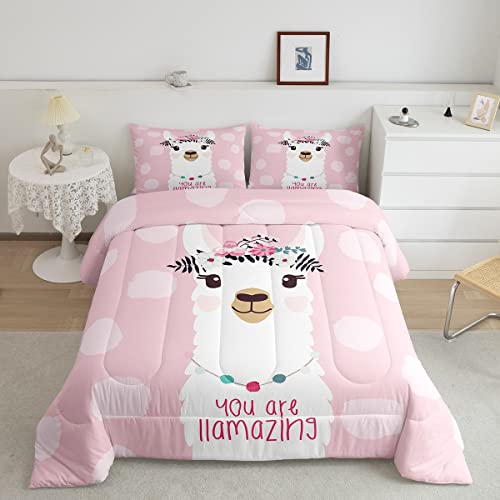 Feelyou Cute Llama Comforter Set Twin Size Soft Girls Pink Llama Alpaca Bedding Set with Pillow Case Cute Polka Dots Bathroom Comforter Boys