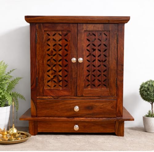 Image of Wudniture Solid Sheesham Wood Handcrafted Temple for Home & Puja Room (Natural Teak Finish) | Wooden Pooja Mandir