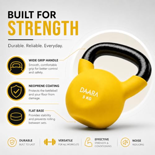 Image of DAARA Half Coating Neoprene Kettlebell, 5kg Yellow Cast Iron Kettle Bell with Non-Slip Grip Handle for Strength Training, Home Gym Workout Equipment for Men & Women (Proudly Made in India)