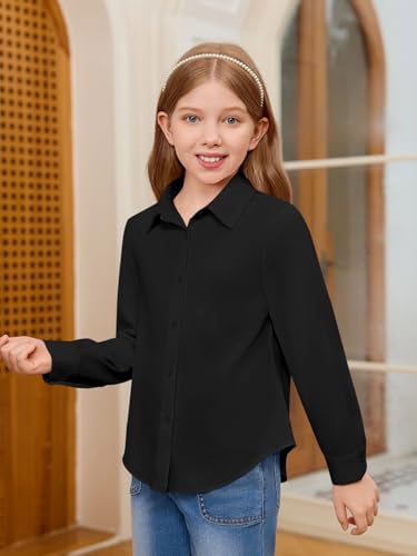 Haloumoning Mädchen Blusen Langarm Knopfleiste Hemd Kinder Einfarbig Button Down Shirt Basic Regular Fit Schuluniform 5-14 Jahre, Schwarz, 13-14 Jahre