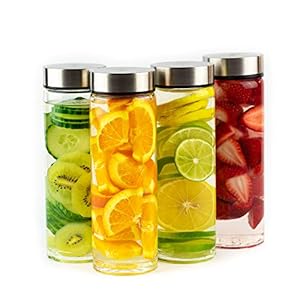 Juice Bottles – 4 Pack Wide Mouth Glass Bottles with Lids – for Juicing, Smoothies, Infused Water, Beverage Storage – 16oz, BPA Free, Stainless Steel Lids, Leakproof, Reusable, Borosilicate