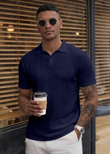 Image of JMIERR Mens Casual Polo Shirt Summer Short Sleeve Vacation Button Beach Knit Stretchy Golf Shirts