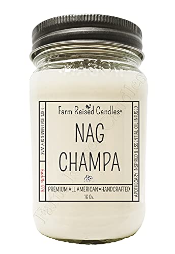 Farm Raised Candles Nag Champa All American Hand-Made Mason Jar Candle. 16 Ounces Over 80 Hour Burn.100% Natural Soy Wax