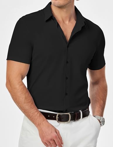 JMIERR Men's Muscle Fit Dress Shirts Wrinkle-Free Short Sleeve Casual Button Down Shirt Summer Beach Shirts,L,Black - Image 8