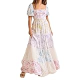 GUCURIN Women Floral Patchwork Dress Puff Sleeve Square Neck Tiered Boho Flowy Maxi Dresses Summer Fall (L,White)