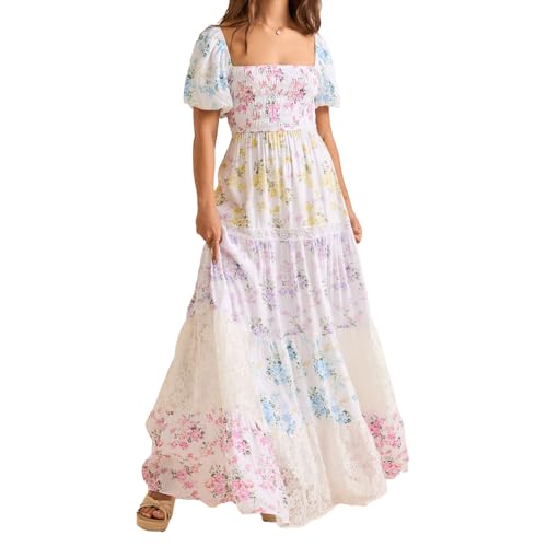 Women Floral Maxi Dress Smocked Puff Sleeve Square Neck Lace Patchwork Tiered Boho Long Dress Vacation Garden Party