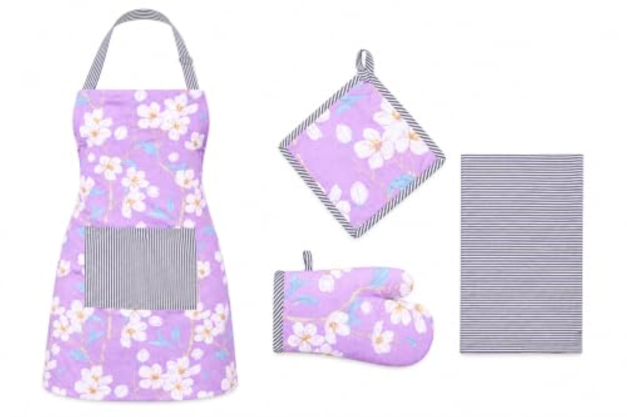Cotton Kitchen Apron with Pocket, Oven Mitt & Pot Holder Gift Set