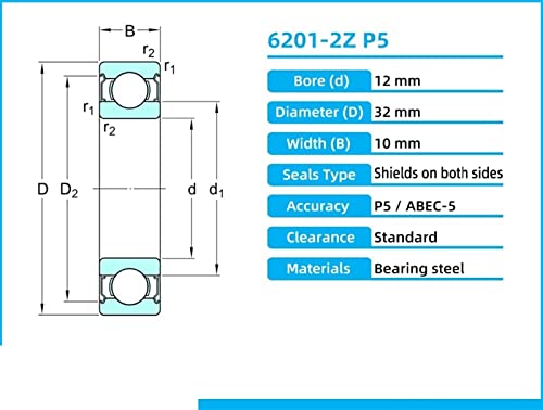 Roulement 6201-2Z P5 ABEC-5 à billes haute précision pour rotation fluide - 2