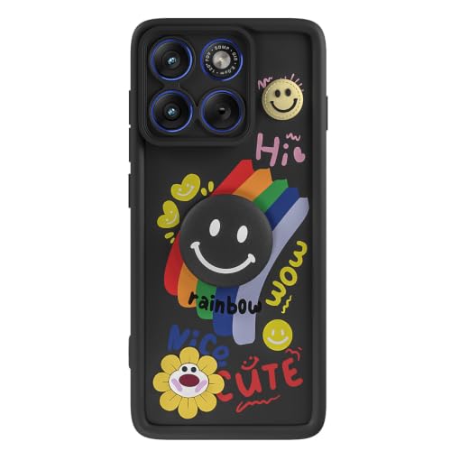 Image of Pikkme Back Cover for Motorola Moto Edge 70 5G | Soft Silicone| Cute Rainbow Smile & 3D Cartoon Flower Design | Shockproof Raised Camera Protection Bumper Case (Black)