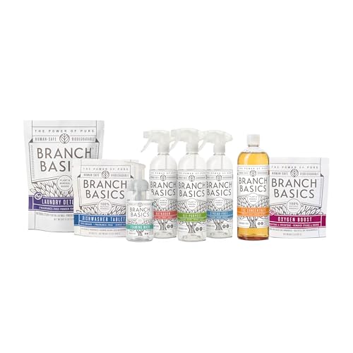Branch Basics Ultimate Starter Kit: Natural All Purpose Cleaner Glass Bathroom Foaming Hand Wash (4 Plastic Bottles + Concentrate + Oxygen Boost) Laundry Detergent Plastic-Free Dishwasher Tablets
