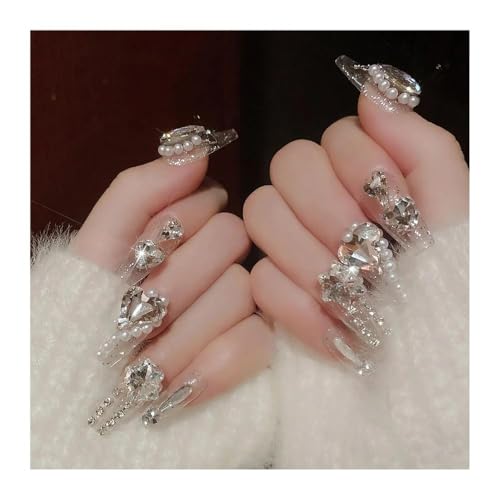 24 Uds Uñas Postizas Largas Diamante Perla Bowknot Diseño De Corona Acrílico Artificial Usable Prensa En Las Puntas De Las Uñas Decoraciones Manicura(05)