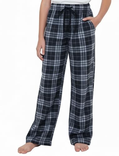 PATPAT Girls Plaid Pajama Pants Kids Soft Elastic Waist Lounge Bottoms with Pockets Casual Sleepwear Black Grey Plaid 9-10 Year