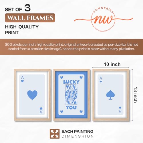 Image of NoWorries Modern Blue Playing Cards Wall Framed Painting Set | Lucky Card Art and Ace of Hearts Prints | Premium 300 GSM Paper Print with Synthetic Wooden Frame | Aesthetic Wall Decor for Hotel, Cafe, Bar, Living Room & Bedroom (Pattern-illustration) (Set of 3) (NATURAL, ART-6, 10X13INCHES)