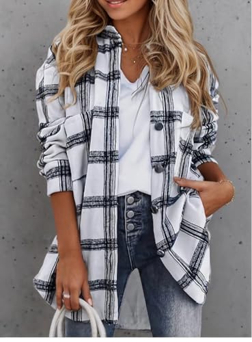 Womens Long Sleeve Plaid Shacket Button Down Oversized Shirts Jacket Casual Loose Fall Spring Blouses Tops2