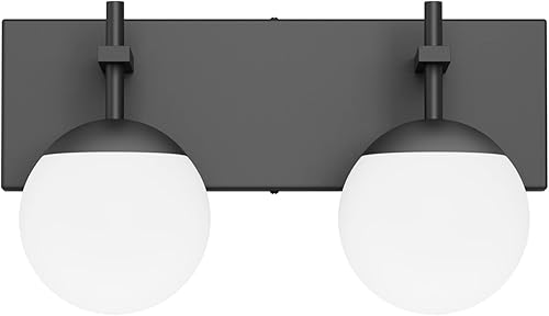 Miniatura 8 de Ralbay Lámpara de pared de baño negra mate, 2 luces, iluminación moderna de mediados de siglo, luz de tocador de globo de vidrio lechoso negro para