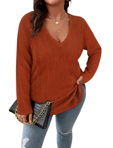 Image of Koscacy Women Plus Size Casual Knit Sweater V Neck Solid Color Tops Lightweight Long Sleeve Blouses