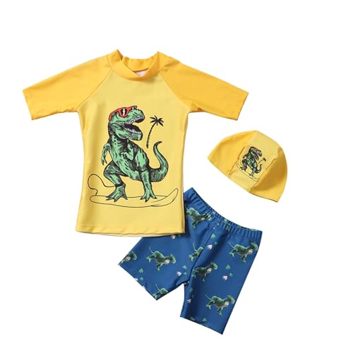 Bañador Niño Rebajas,Traje de Baño de tre Piezas para Niños Conjuntos de Bañadores Camiseta Proteccion Solar Niño Manga Corta con Impresión de Dinosaurio Bañador Boxer y Gorro de Baño Ropa de Playa
