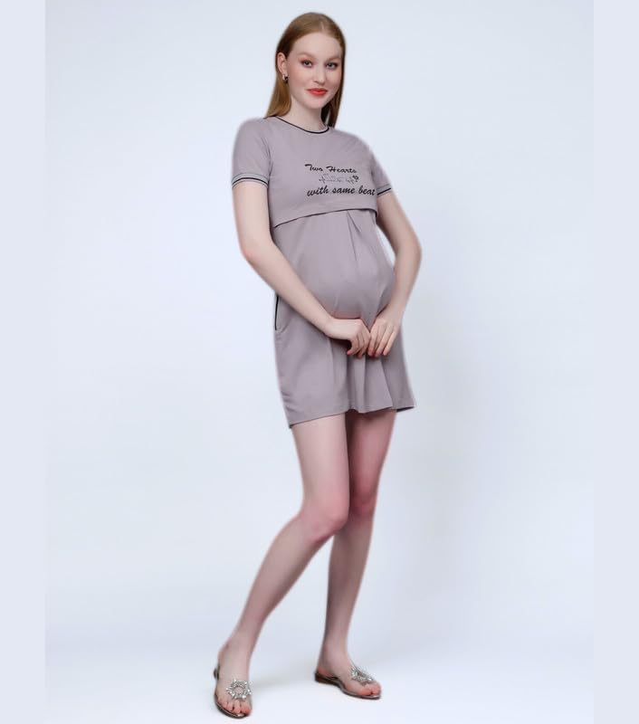 True Shape Feeding Kurtis for Women Cotton | Knitted Hosiery Zipless Maternity Nighty Kurta with Breastfeeding Access & Side Pockets for Pre & Post Pregnancy(TSH-011-XL, Light Grey) 2
