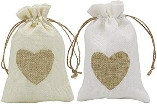 Small Burlap Heart Gift Bags with Drawstring, 20pcs Jute Cloth Favour Pouches 10 x 14.5cm for Wedding Shower Party Christmas Valentine's Day