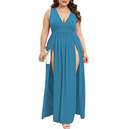 Image of SILUI Women's Summer 2026 Sexy Double High Slit Deep V Neck Plus Size Sundresses Thigh Split Maxi Club Party Dresses