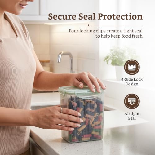 Image of Amazon Brand - Solimo Linea 4 Side Lock Airtight Plastic Storage Containers Food Grade Set of 4 (1.5L Each) | BPA-Free Durable Kitchen Storage | Stackable Pantry & Meal Prep Containers, Coral Green