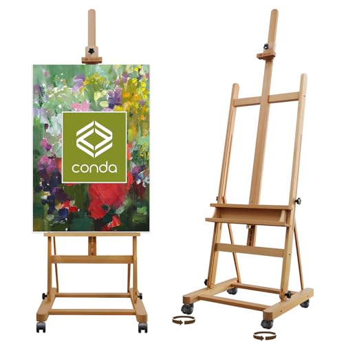 CONDA Large H-Frame Easel with Wheels, Premium Beech Wood Artist Easel, Adjustable & Tilting, Holds Canvases up to 48", Perfect for Painting, Drawing