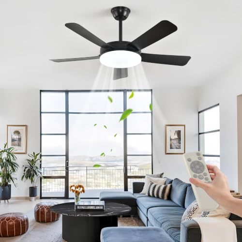Ventilador de techo negro para dormitorio con luz atenuable y temporizador silencioso