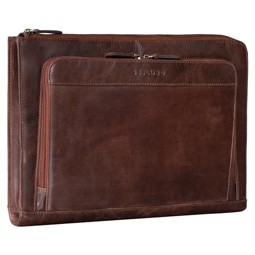 A COLPO D'OCCHIO: Dimensioni: 38 x 27 x 4 cm | Peso: 770 grammi | Materiale: vera pelle di mucca | Modello: 'Dillon' | Produttore: STILORD | Compatibilità: scomparto separato per MacBook da 13 - 13,3 pollici (32 x 22 cm), ad esempio per MacBook Air 13' M1 e per MacBook Pro 13'