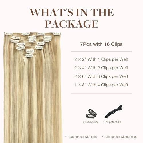 Image of GOO GOO Clip in Hair Extensions Real Human Hair, Remy Human Hair Extensions Clip ins for Women, Natural Human Hair, 18inch 120g 7Pcs, 18A /613A Dark Blonde Highlighted Bleach Blonde