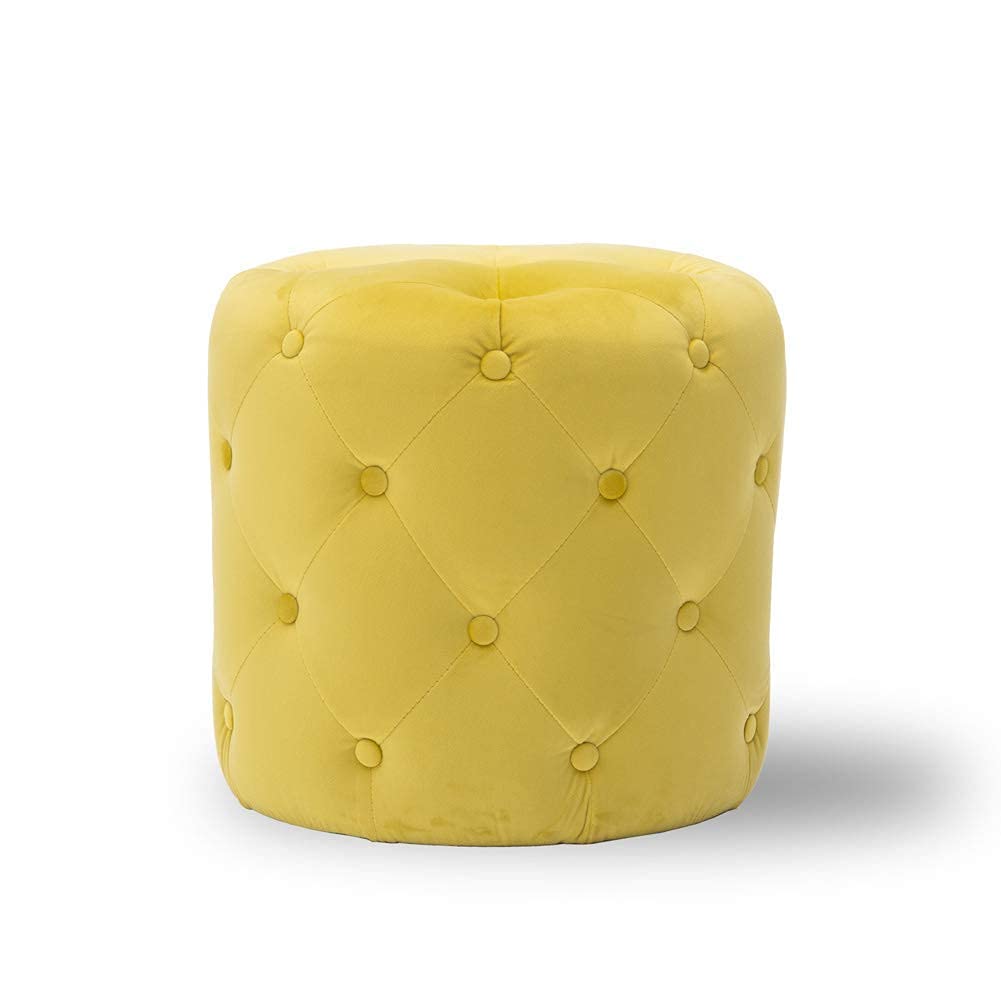 Repose-pieds rond en bois massif avec assise tissu jaune confortable