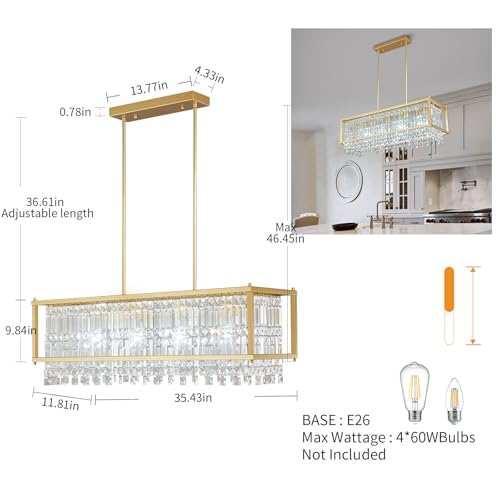 Image of LMQNINE Modern Rectangle Chandelier for Dining Room, Gold Crystal Chandelier Linear Light Fixture, Farmhouse Chandeliers for Kitchen Island, Bar Table, L35.43'' x W11.81'' x H9.84''