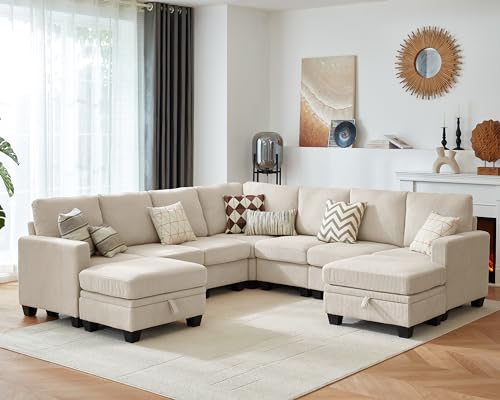 Image of CHIC HOUSE Modular Corner Sectional Sofa with Storage Ottoman, Corduroy L-Shaped Couch, Compact Small Space Furniture for Living Room & Apartment, (Beige, 9 Seater L-Shaped)