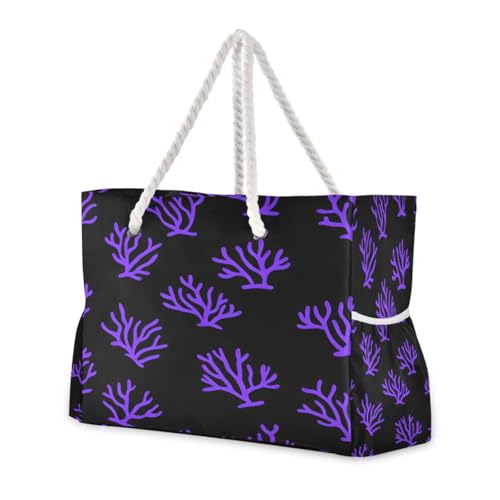 Beach Bag - Large Tote Bags for Women Purple Coral on Black Shoulder Bags Zipper Waterproof Sandproof for Travel Gym Swim Daily