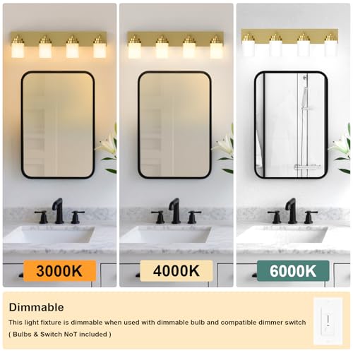 Image of IZORRO Bathroom Vanity Light Fixture, 4-Light 30 Inch Gold Bathroom Light Fixtures Over Mirror, with White Glass Shade, Modern Farmhouse Vanity Lights, Rustic Restroom Lighting Fixtures