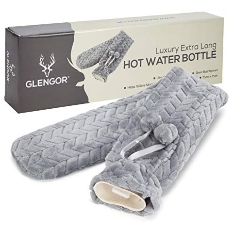 Glengor Luxury Extra Long Hot Water Bottle | Ultra-Soft Cover | 75cm | 2L | Natural Rubber | Grey Cover