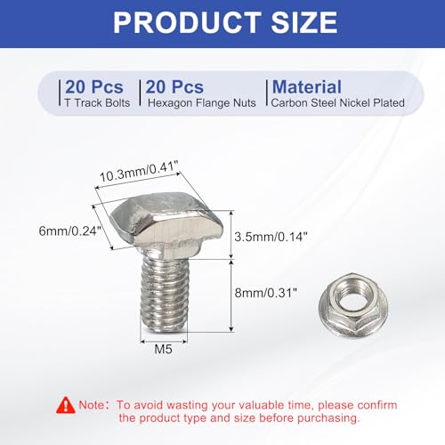 Image of PATIKIL M5 x 10 mm T-Slot Bolts, 20 Sets Drop-in Bolt Hammer Head with Hexagon Flange Nuts T-Bolt Stud Sliding Screw for 20 Series Aluminum Extrusion Profile, Silver