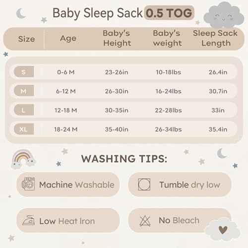 Image of Baby Sleep Sack 12-18 Months 0.5 Tog Wearable Blanket Baby, 3 Pack 100% Cotton Lightweight Sleeping Sack with 2-Way Zipper for Infant Toddler Apricot White Sun Clouds