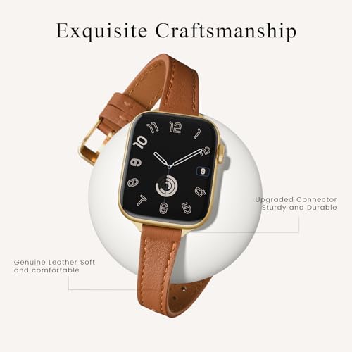 Image of STIROLL Slim Leather Bands Compatible with Apple Watch Band 38mm 40mm 41mm 42mm(Series 11 10), Top Grain Leather Watch Thin Wristband for iWatch SE 9 8 7 6 5 4 3 2 1 (Brown Gold)