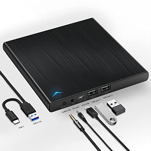 DVDドライブ 外付け Yisjek USB 3.0/Type-C 外付けドライブ DVD/CD プレーヤー オーディオ出力付き 独立充電線付きドライブ 両用ケーブル Window/Linux/Mac OS対応 読み出し&書き込み 軽量 スリム コンパクト 高速データ転送 日本語取扱説明書付き