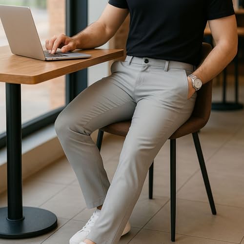 Image of Men's Chinos Stretchable Trousers with Expandable Waist - Lycra Cotton Blend Formal Casual Pants | Skin Friendly Solid Regular Fit