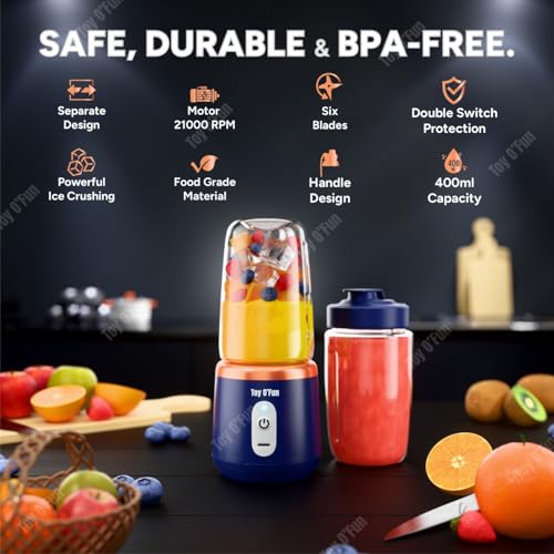 Image of Portable Blender - Electric Juicer & Smoothie Maker with 6 Stainless Steel Blades, 3-Speed Gears, USB Rechargeable 1500mAh Battery, Personal Mini Fruit Mixer Cup for Home, Travel & Gym (Multicolor-2)