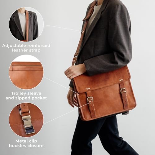 BERLINER BAGS 빈티지 가죽 메신저 백 요크, 남성 및 여성용 서류 가방 - 브라운 — 사진 5
