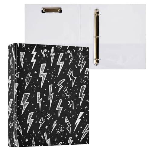 Image of Caikeny 3 Ring Binder Lightning Bolts Black 1.5 Inch Binders Round Ring Clipboard with 2 Pockets for Office Supplies